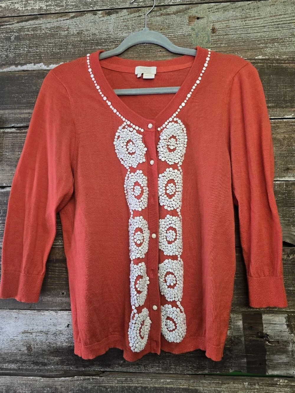 Kate Spade Embellished Coral V-Neck Button Cardigan Sweater, Size L